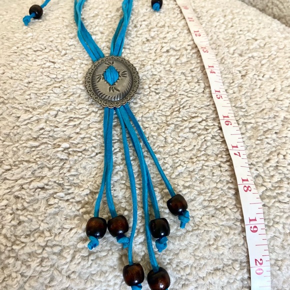 Bright turquoise blue suede cord necklace and earring set. - Picture 2 of 7